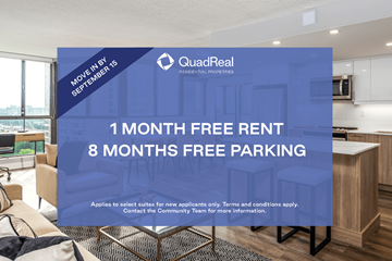 Brampton apartment for rent - A QuadReal advertisement offers a 1 month free rent and 8 months free parking.