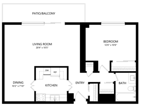 Floor plan for 1 bed, 1 bath, 745 sqft