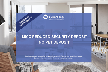 Burnaby apartment for rent - A QuadReal Real Estate advertisement offering a $500 reduced security deposit.