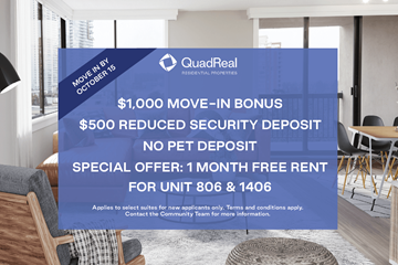 Burnaby apartment for rent - A sign advertising a $1,000 move-in bonus and other incentives for a property managed by QuadReal.