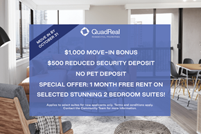 Burnaby apartment for rent - A sign advertising a $1,000 move-in bonus and other incentives for a QuadReal Real Estate property.