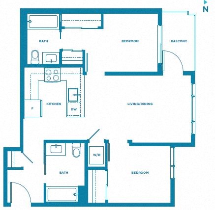 Floor plan for 2 beds, 2 baths, 776 sqft