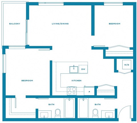 Floor plan for 2 beds, 2 baths, 817 sqft