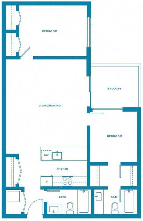 Floor plan for 2 beds, 2 baths, 911 sqft