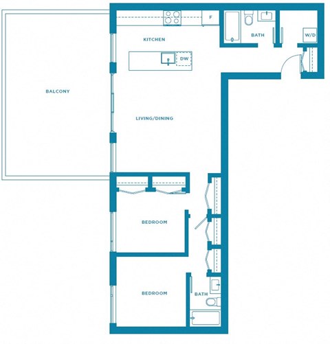 Floor plan for 2 beds, 2 baths, 990 sqft