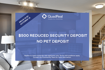 Vancouver townhouse for rent - A QuadReal advertisement offers a $500 reduced security deposit for new applicants.
