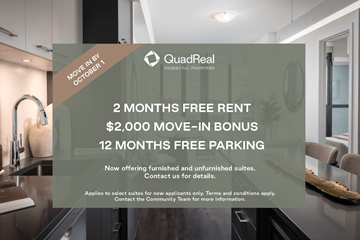 Mississauga apartment for rent - An advertisement for QuadReal REALTORS promoting a move-in bonus and free parking.
