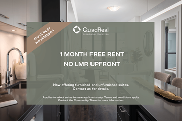 Mississauga apartment for rent - A modern kitchen with a countertop and a sink, and an advertisement for QuadReal Real Estate Properties offering 1 month free rent.