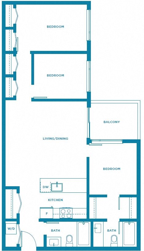 Floor plan for 3 beds, 2 baths, 1023 sqft