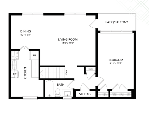 Floor plan for 1 bed, 1 bath, 782 sqft