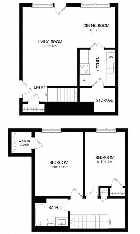 Floor plan for 2 beds, 2 baths, 1054 sqft