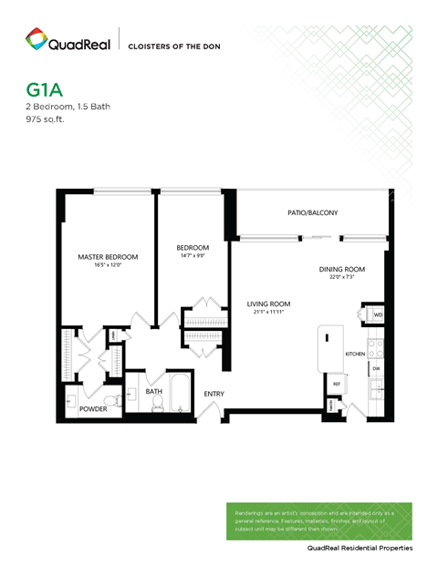 Floor plan for 2 beds, 1.5 baths, 975 sqft