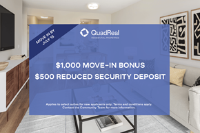 Vancouver apartment for rent - A sign in a living room advertises a $1,000 move-in bonus and $500 reduced security deposit.