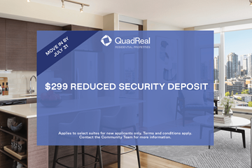Calgary apartment for rent - A promotional image for QuadReal REIT featuring a reduced security deposit offer.