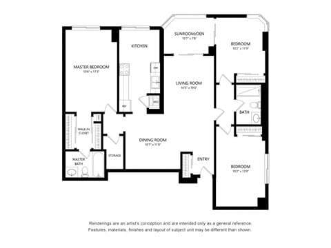 Floor plan for 3 beds, 2 baths, 1075 sqft