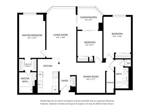 Floor plan for 3 beds, 2 baths, 1280 sqft