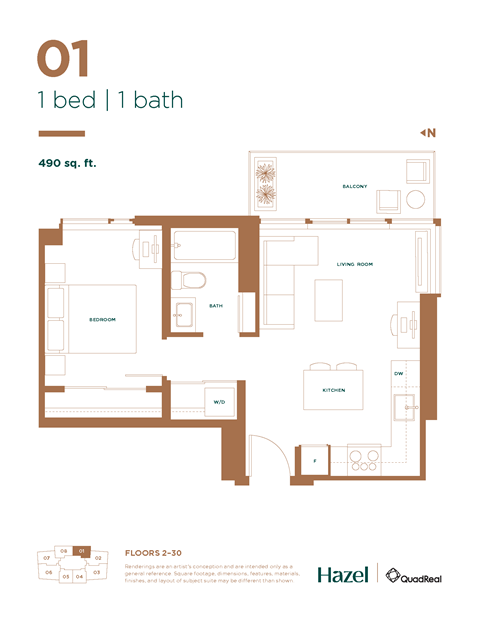 Floor plan for 1 bed, 1 bath, 490 sqft