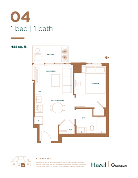 Floor plan for 1 bed, 1 bath, 488 sqft