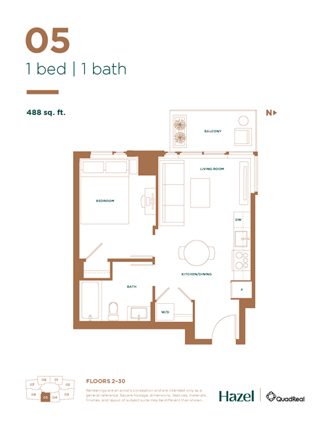 Floor plan for 1 bed, 1 bath, 488 sqft