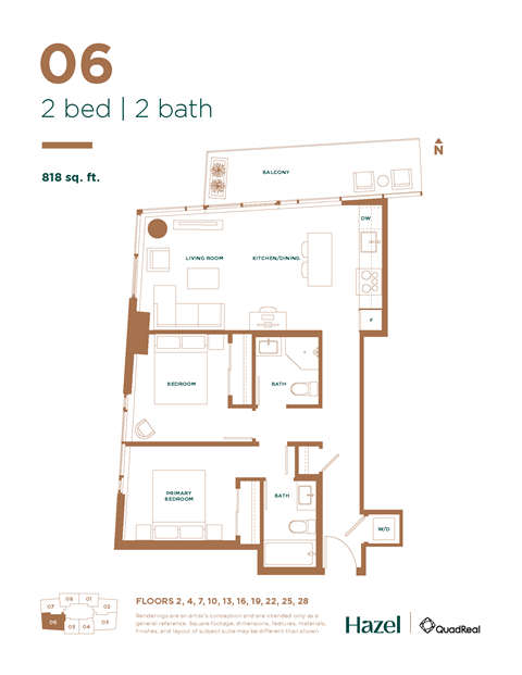 Floor plan for 2 beds, 2 baths, 818 sqft
