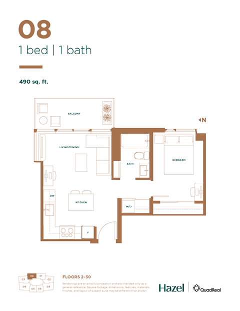 Floor plan for 1 bed, 1 bath, 490 sqft