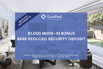 Calgary apartment for rent - A room with a QuadReal advertisement offering a $1,000 move-in bonus and $299 reduced security deposit.
