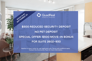 Vancouver apartment for rent - A sign advertising a $500 reduced security deposit for a move-in bonus.