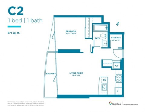Floor plan for 1 bed, 1 bath, 573 sqft