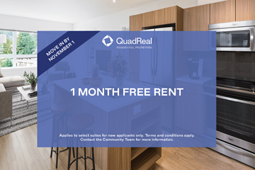 North Vancouver apartment for rent - A kitchen with a sign that says "1 month free rent" from QuadReal.