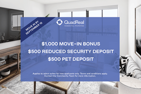 Burnaby apartment for rent - A room with a QuadReal Real Estate advertisement offering a $1,000 move-in bonus, $500 reduced security deposit, and $500 pet deposit.