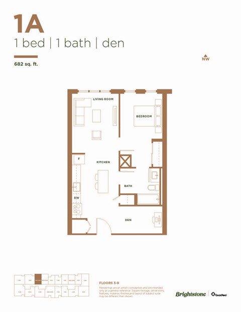 Floor plan for 1 bed, 1 bath, 938 sqft