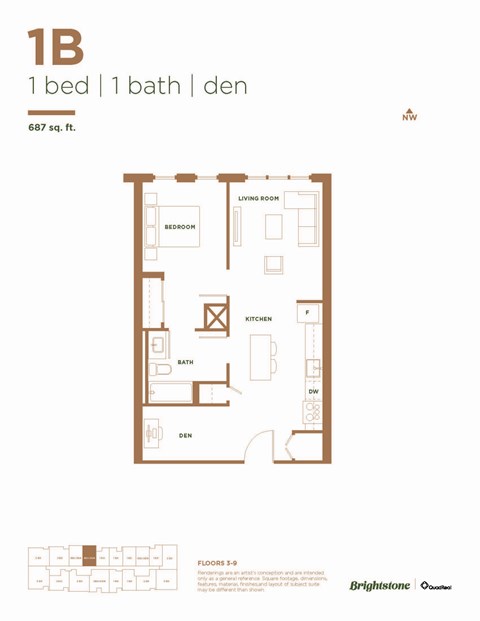 Floor plan for 1 bed, 1 bath, 687 sqft
