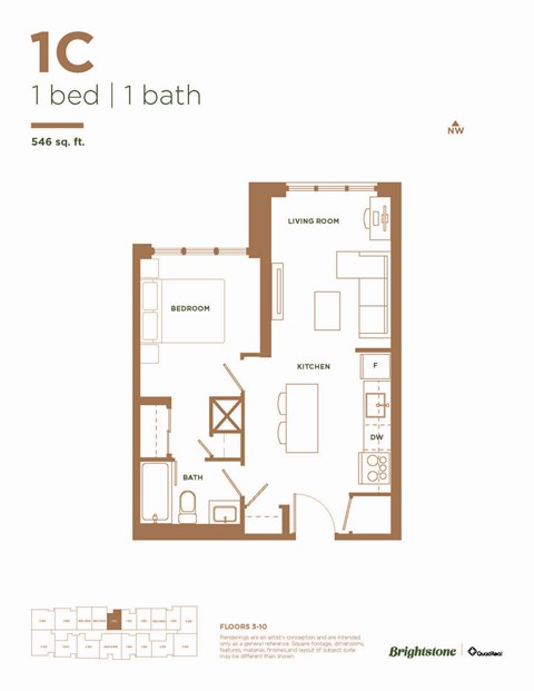 Floor plan for 1 bed, 1 bath, 546 sqft