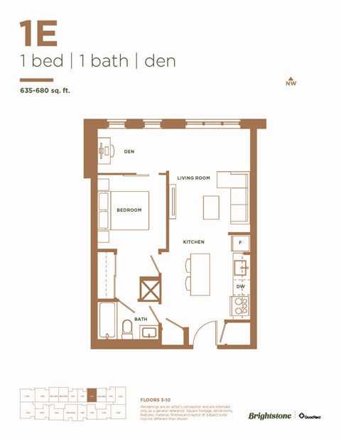 Floor plan for 1 bed, 1 bath, 645 sqft