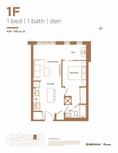 Floor plan for 1 bed, 1 bath, 630 sqft