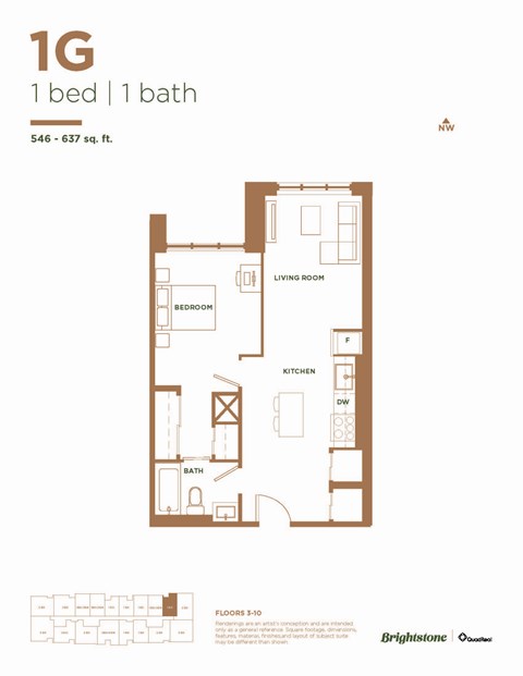Floor plan for 1 bed, 1 bath, 638 sqft