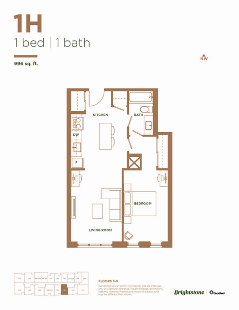 Floor plan for 1 bed, 1 bath, 665 sqft