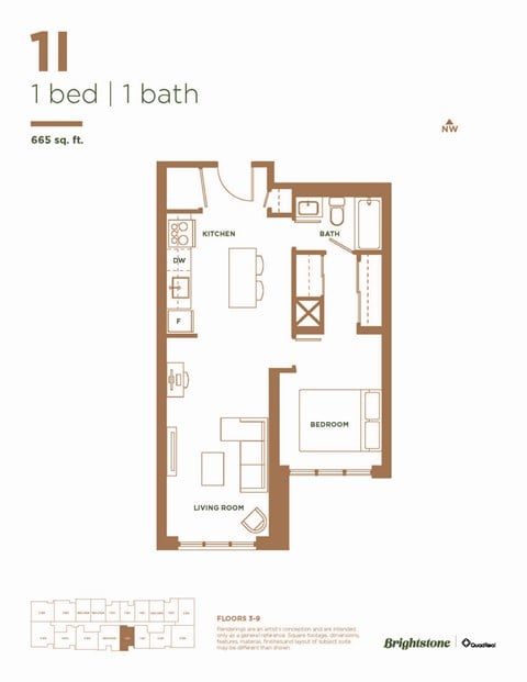 Floor plan for 1 bed, 1 bath, 665 sqft