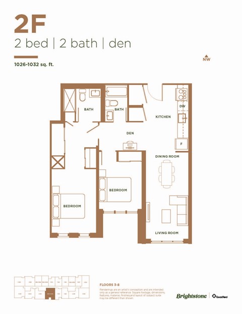 Floor plan for 2 beds, 2 baths, 1035 sqft