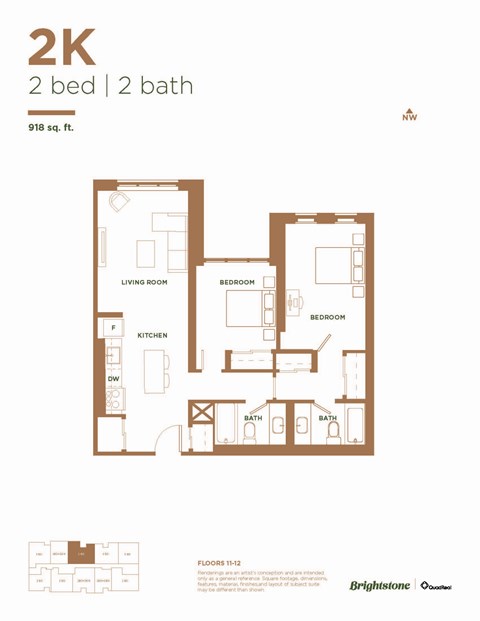 Floor plan for 2 beds, 2 baths, 918 sqft