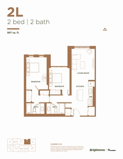 Floor plan for 2 beds, 2 baths, 868 sqft