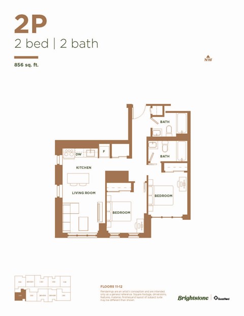 Floor plan for 2 beds, 2 baths, 856 sqft