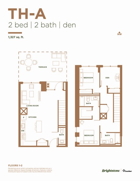 Floor plan for 3 beds, 2 baths, 1327 sqft