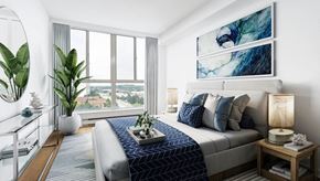 Mississauga apartment for rent - Staged bedroom with beautiful artwork, plants and two night stands