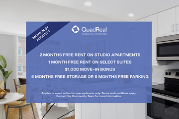 Toronto apartment for rent - A promotional image for QuadReal REIT offering free rent and storage on select studio apartments.