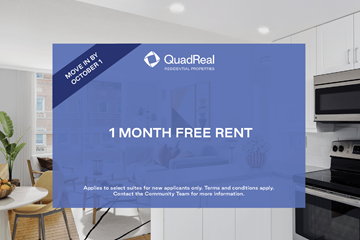 Toronto apartment for rent - A kitchen interior with a sign that says "1 MONTH FREE RENT" from QuadReal REAL ESTATE PROPERTIES.