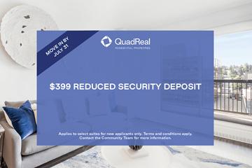 Calgary apartment for rent - A blue advertisement for a $399 reduced security deposit from QuadReal.