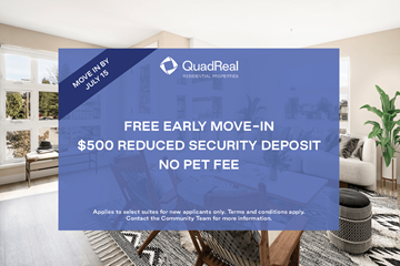 North Vancouver apartment for rent - A room with a QuadReal advertisement offering a free early move-in and a reduced security deposit.