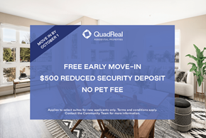 North Vancouver apartment for rent - A room with a large advertisement for QuadReal REIT on the wall.