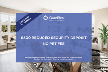 North Vancouver apartment for rent - A QuadReal REIT advertisement offering a $500 reduced security deposit with no pet fee.